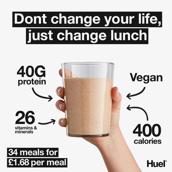 A clean, high-contrast ad featuring a hand holding a meal replacement shake with callouts pointing to key nutritional benefits and price.